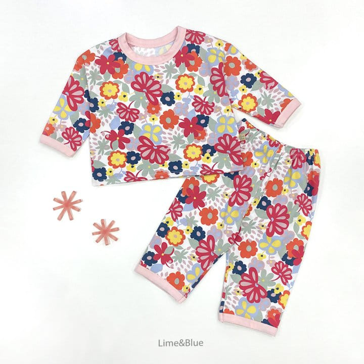 Lime & Blue - Korean Children Fashion - #kidsshorts - Esnic Flower Top Bottom Set - 7