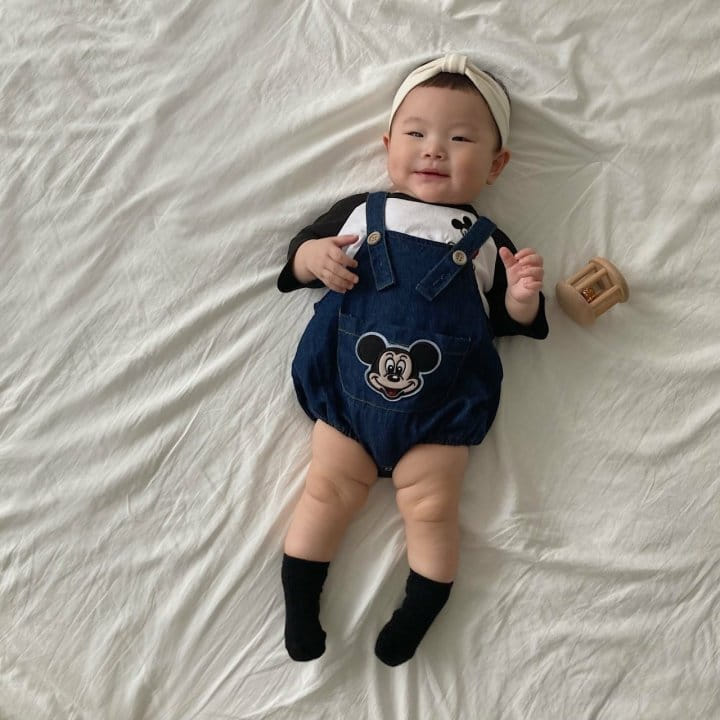 Moran - Korean Baby Fashion - #babyoutfit - Mickey Denim Dungarees Bodysuit - 3