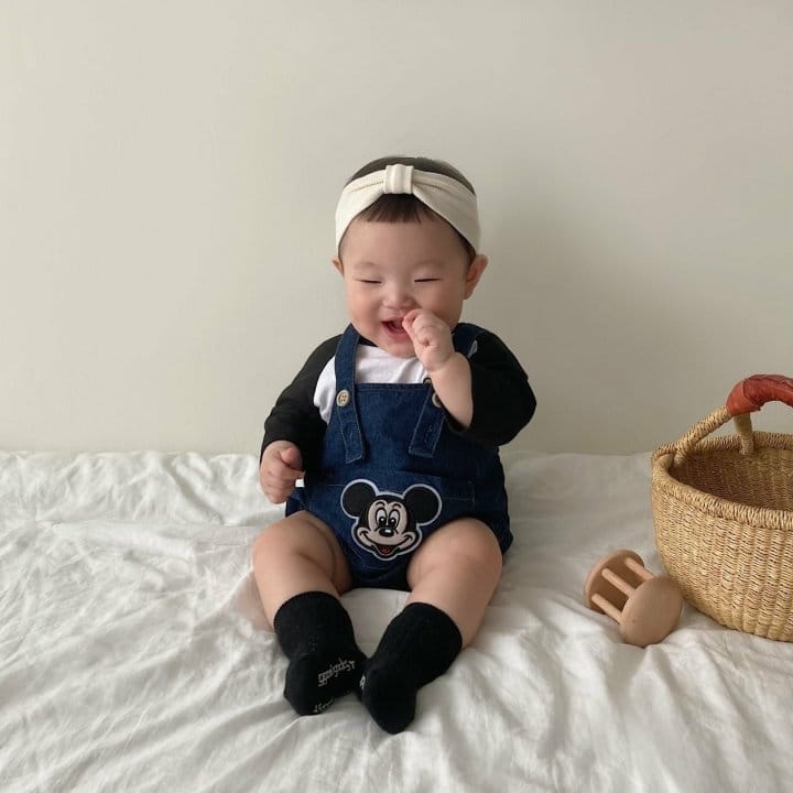 Moran - Korean Baby Fashion - #babyoutfit - Mickey Denim Dungarees Bodysuit - 4