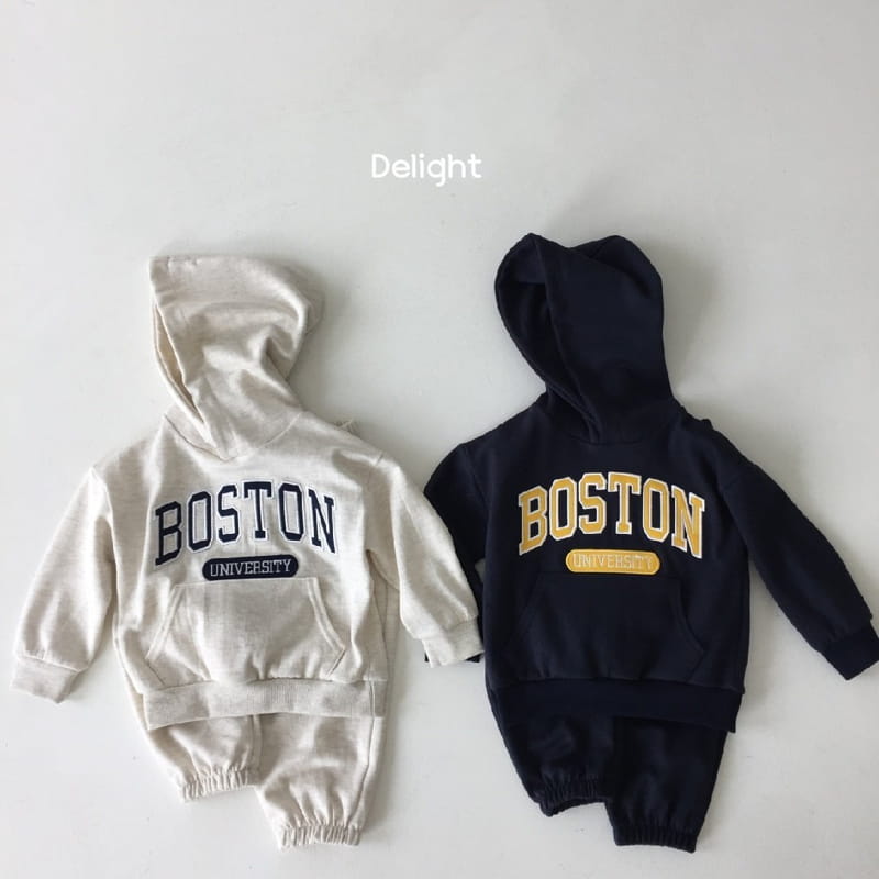 Delight - Korean Children Fashion - #toddlerclothing - Embrodiery Boston Hoody Top Bottom Set