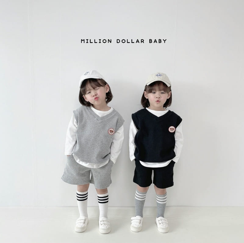 Million Dollar Baby - Korean Children Fashion - #magicofchildhood - Bear Waffle Top Bottom Inner Set - 3