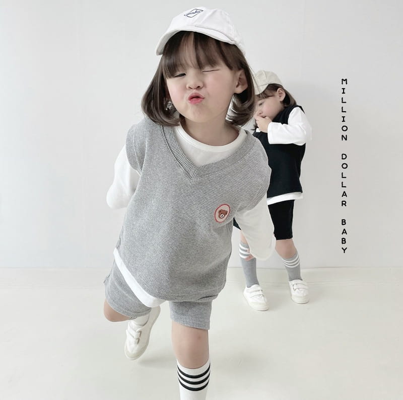 Million Dollar Baby - Korean Children Fashion - #todddlerfashion - Bear Waffle Top Bottom Inner Set - 6