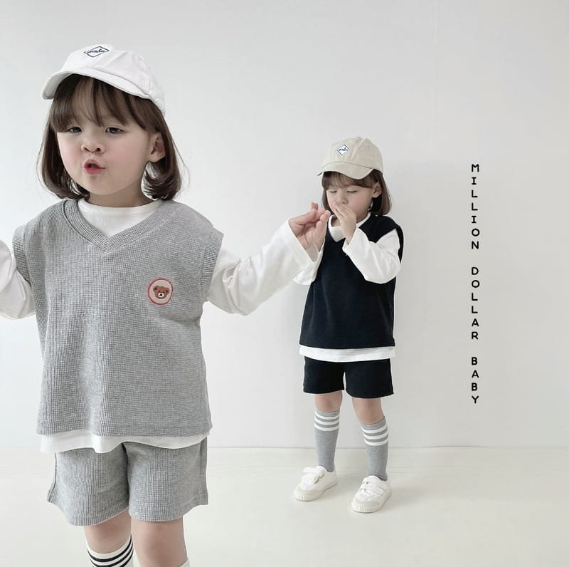 Million Dollar Baby - Korean Children Fashion - #toddlerclothing - Bear Waffle Top Bottom Inner Set - 7