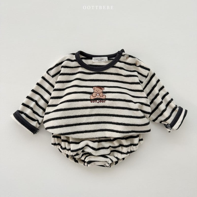 Oott Bebe - Korean Baby Fashion - #babyfashion - Terry Stripes Top Bottom Set - 2