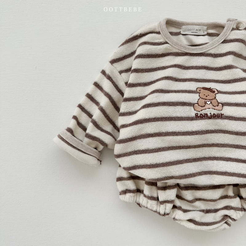 Oott Bebe - Korean Baby Fashion - #babyfever - Terry Stripes Top Bottom Set - 3