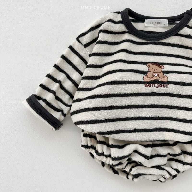 Oott Bebe - Korean Baby Fashion - #babyfever - Terry Stripes Top Bottom Set - 4