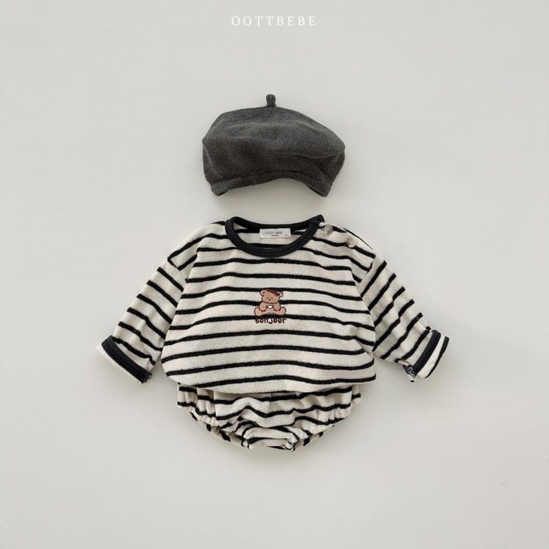 Oott Bebe - Korean Baby Fashion - #babyoninstagram - Terry Stripes Top Bottom Set - 6