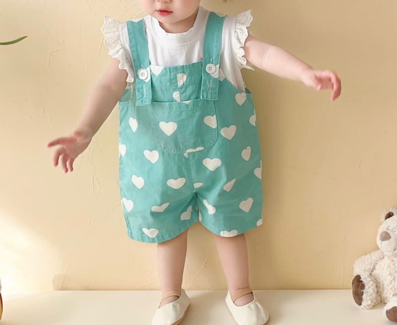 Reve Kid - Korean Baby Fashion - #babygirlfashion - Heart Dungarees Frill Tee Set - 2