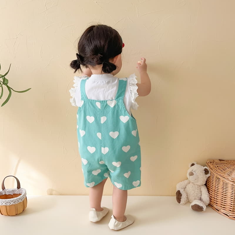 Reve Kid - Korean Baby Fashion - #babylifestyle - Heart Dungarees Frill Tee Set - 3