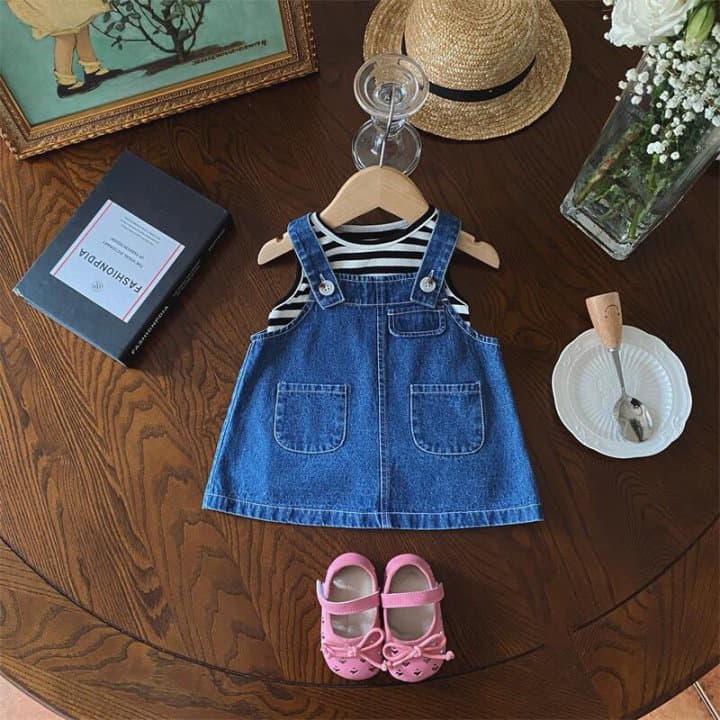 Reve Kid - Korean Baby Fashion - #onlinebabyshop - Stripes Denim Sleeveless Set - 2