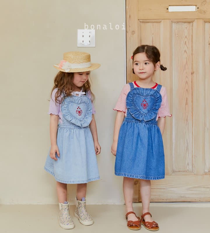 Bonaloi - Korean Children Fashion - #Kfashion4kids - Heart Frill Denim One-piece