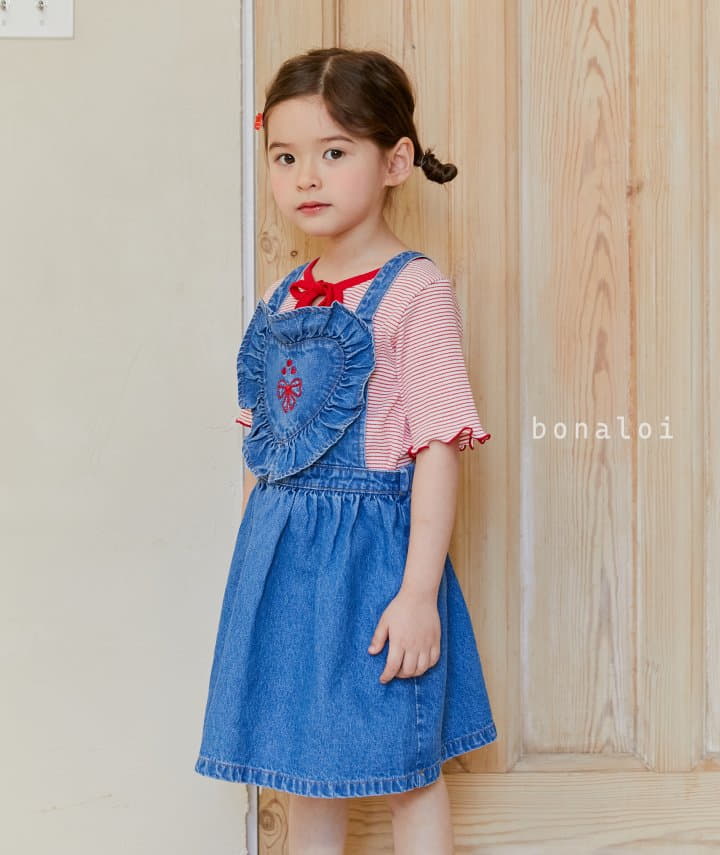 Bonaloi - Korean Children Fashion - #stylishchildhood - Heart Frill Denim One-piece - 8