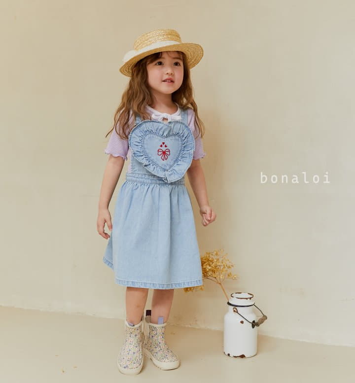 Bonaloi - Korean Children Fashion - #todddlerfashion - Heart Frill Denim One-piece - 6