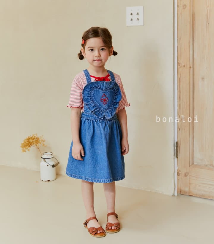 Bonaloi - Korean Children Fashion - #toddlerclothing - Heart Frill Denim One-piece - 7