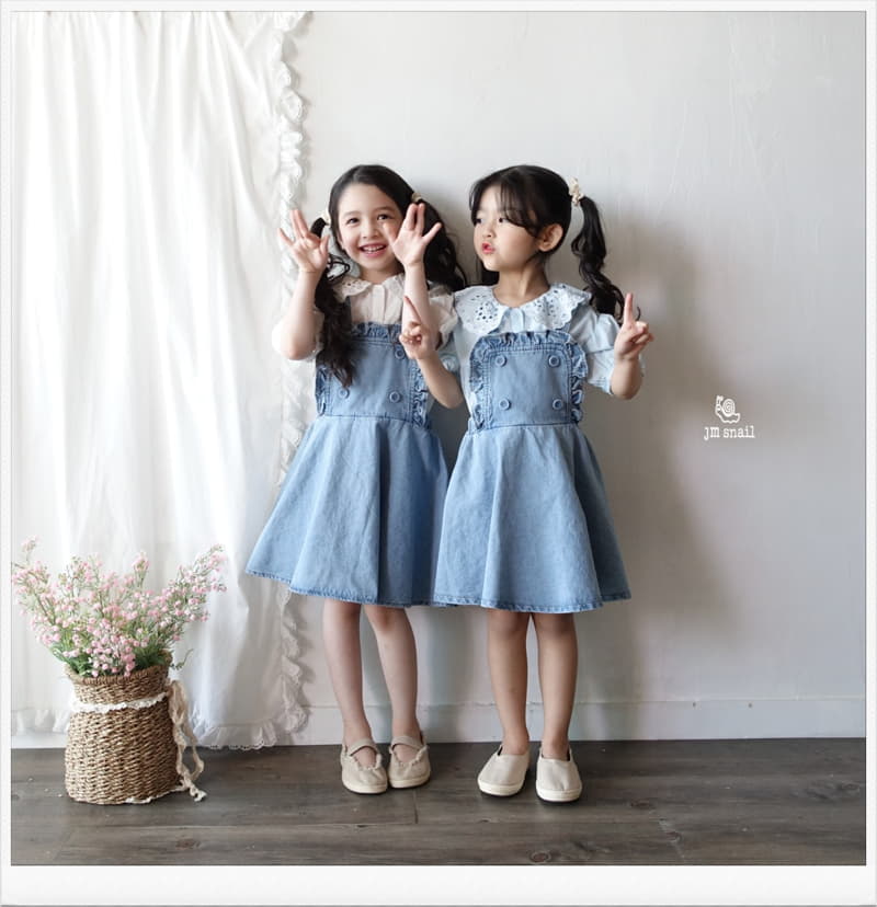 JM Snail - Korean Children Fashion - #littlefashionista - Frill Denim Vest One-piece - 2