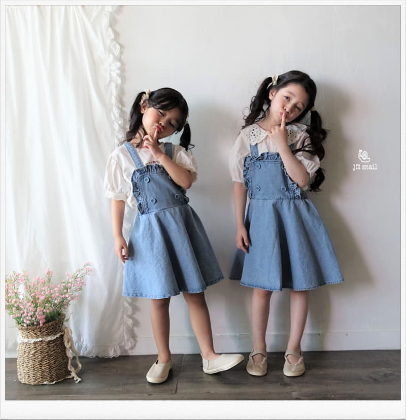 JM Snail - Korean Children Fashion - #magicofchildhood - Frill Denim Vest One-piece - 3