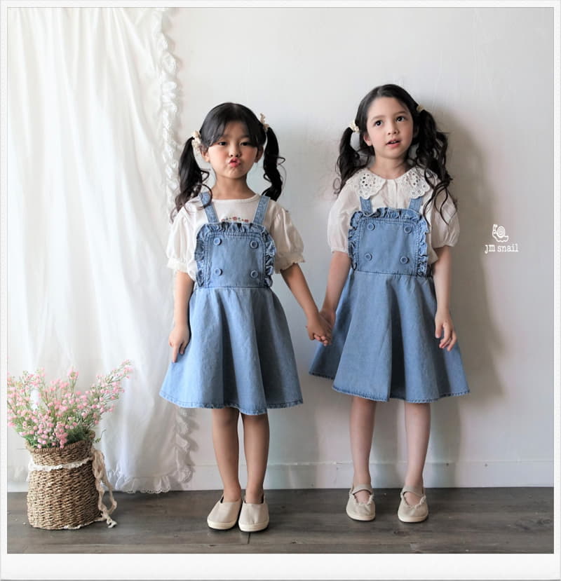 JM Snail - Korean Children Fashion - #magicofchildhood - Frill Denim Vest One-piece - 4