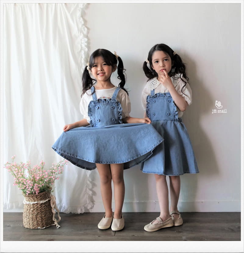 JM Snail - Korean Children Fashion - #prettylittlegirls - Frill Denim Vest One-piece - 5