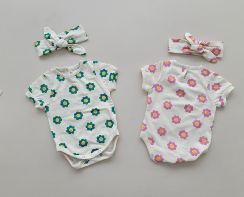 Moran - Korean Baby Fashion - #babyboutique - Mong Flower Bodysuit with Hairband