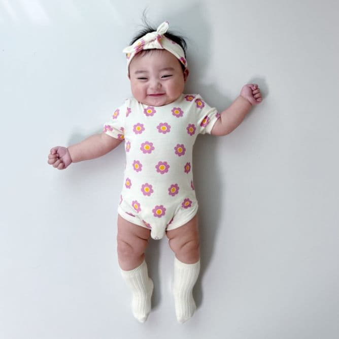 Moran - Korean Baby Fashion - #babyfever - Mong Flower Bodysuit with Hairband - 5