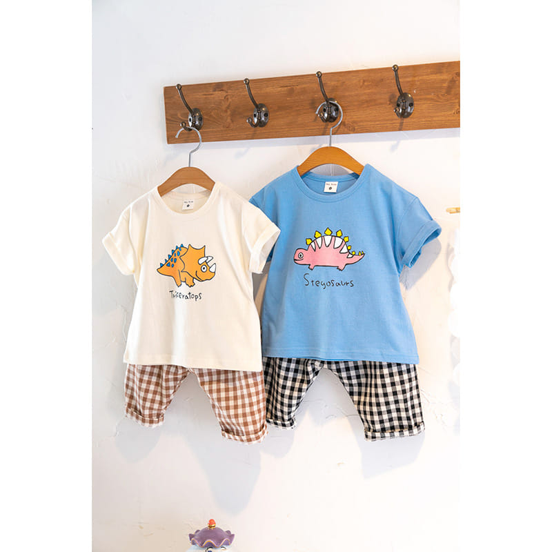 Raykids - Korean Children Fashion - #childofig - Short Sleeves Dino Check Top Bottom Set - 2