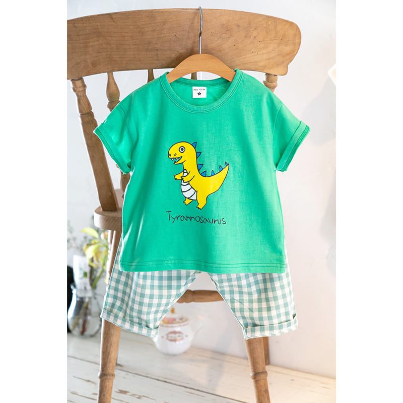 Raykids - Korean Children Fashion - #childofig - Short Sleeves Dino Check Top Bottom Set - 3