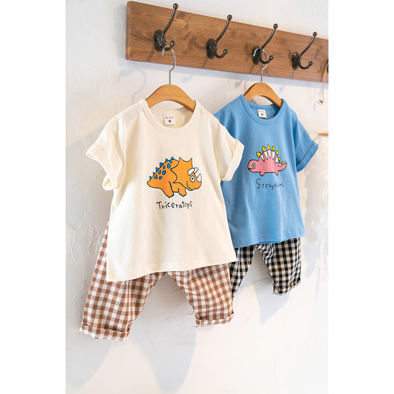 Raykids - Korean Children Fashion - #childofig - Short Sleeves Dino Check Top Bottom Set - 4