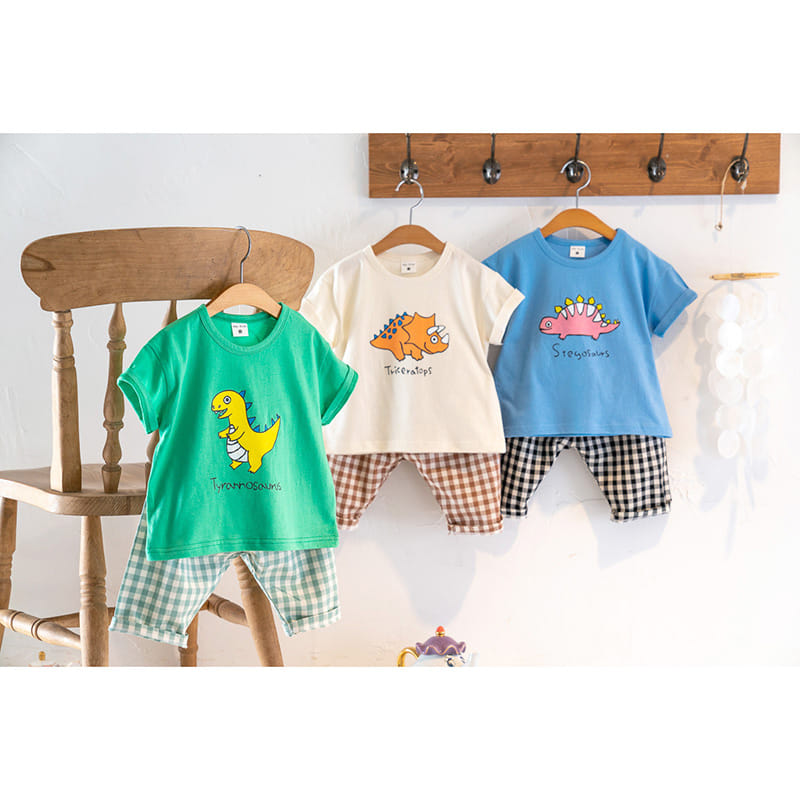 Raykids - Korean Children Fashion - #prettylittlegirls - Short Sleeves Dino Check Top Bottom Set