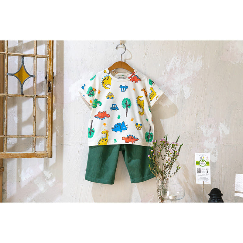 Raykids - Korean Children Fashion - #toddlerclothing - Dino World Rinkle Top Bottom Set