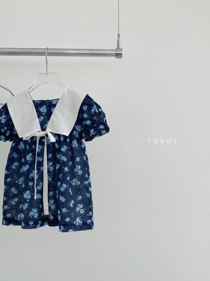 Ribbon Collar One-piece Navy Blue Flower