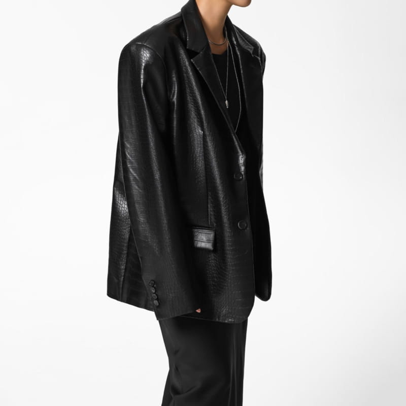 Paper Moon - Korean Women Fashion - #momslook - Vegan Crocodile Leather Single Breasted Blazer