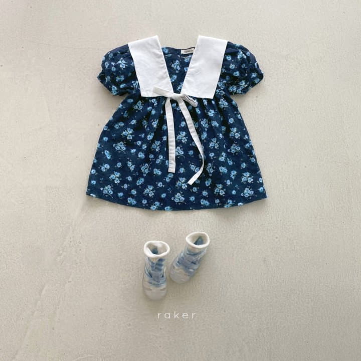 Raker - Korean Children Fashion - #Kfashion4kids - Ribbon Collar One-piece Navy Blue Flower - 3