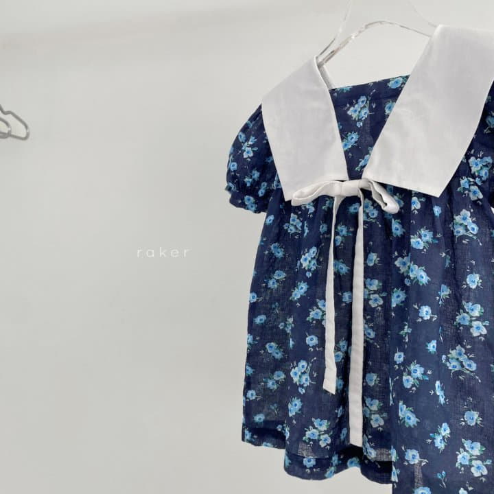 Raker - Korean Children Fashion - #kidsstore - Ribbon Collar One-piece Navy Blue Flower