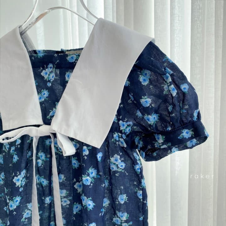 Raker - Korean Children Fashion - #kidzfashiontrend - Ribbon Collar One-piece Navy Blue Flower - 2