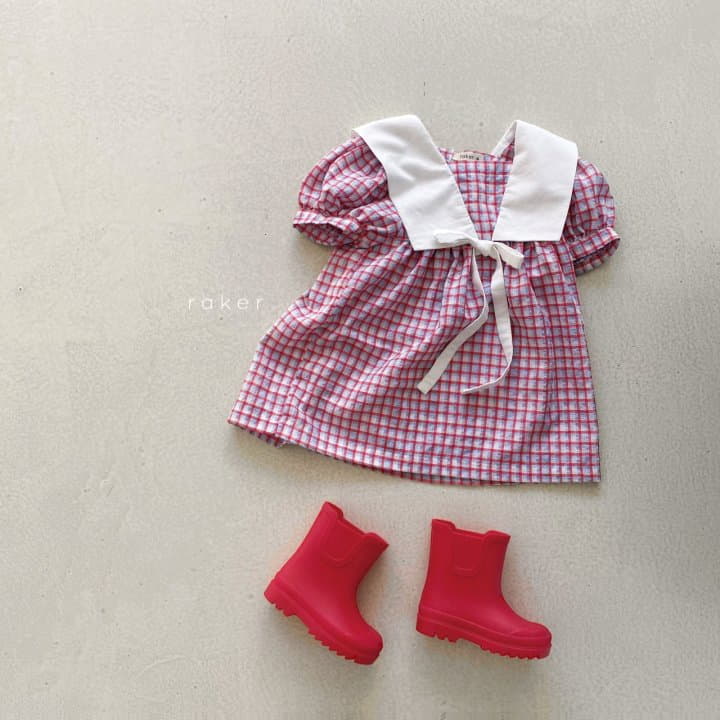 Raker - Korean Children Fashion - #littlefashionista - Ribbon Collar One-piece Res Stripes Check - 5