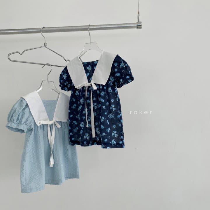 Raker - Korean Children Fashion - #Kfashion4kids - Ribbon Collar One-piece Navy Blue Flower - 4