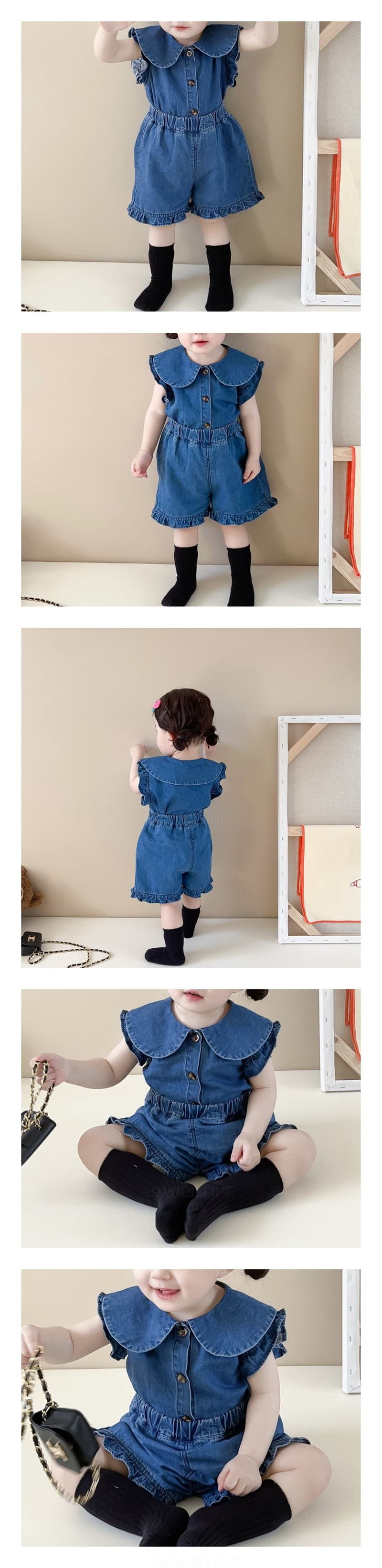 Reve Kid - Korean Baby Fashion - #smilingbaby - Bebe Denim Frill Short Sleeve Top Bottom Set