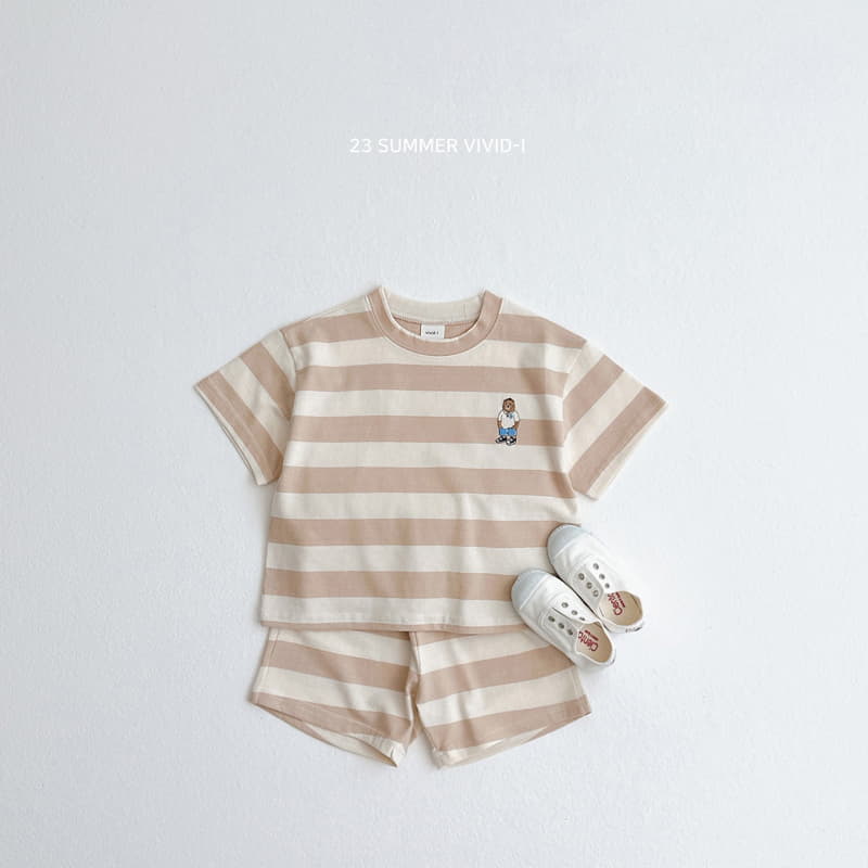 Vivid I - Korean Children Fashion - #stylishchildhood - Bear Stripes Top Bottom Set - 2