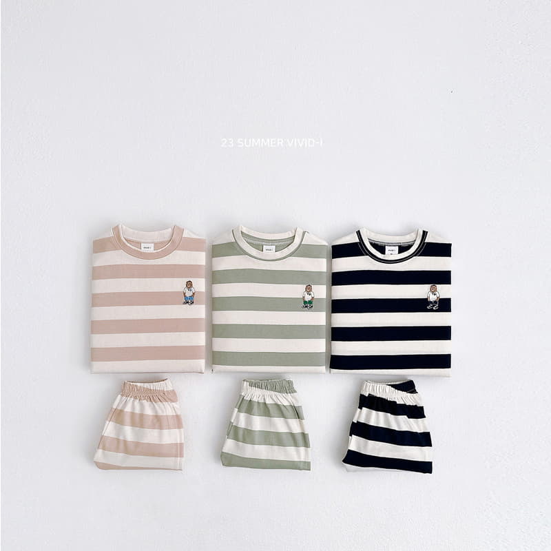 Vivid I - Korean Children Fashion - #toddlerclothing - Bear Stripes Top Bottom Set