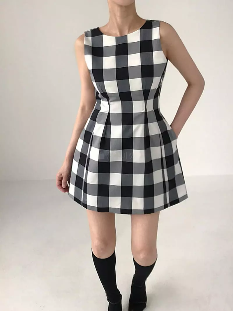 Korean Women Retro Check A-line Slim Ruffle Casual Workwear Party Cocktail  Dress | eBay
