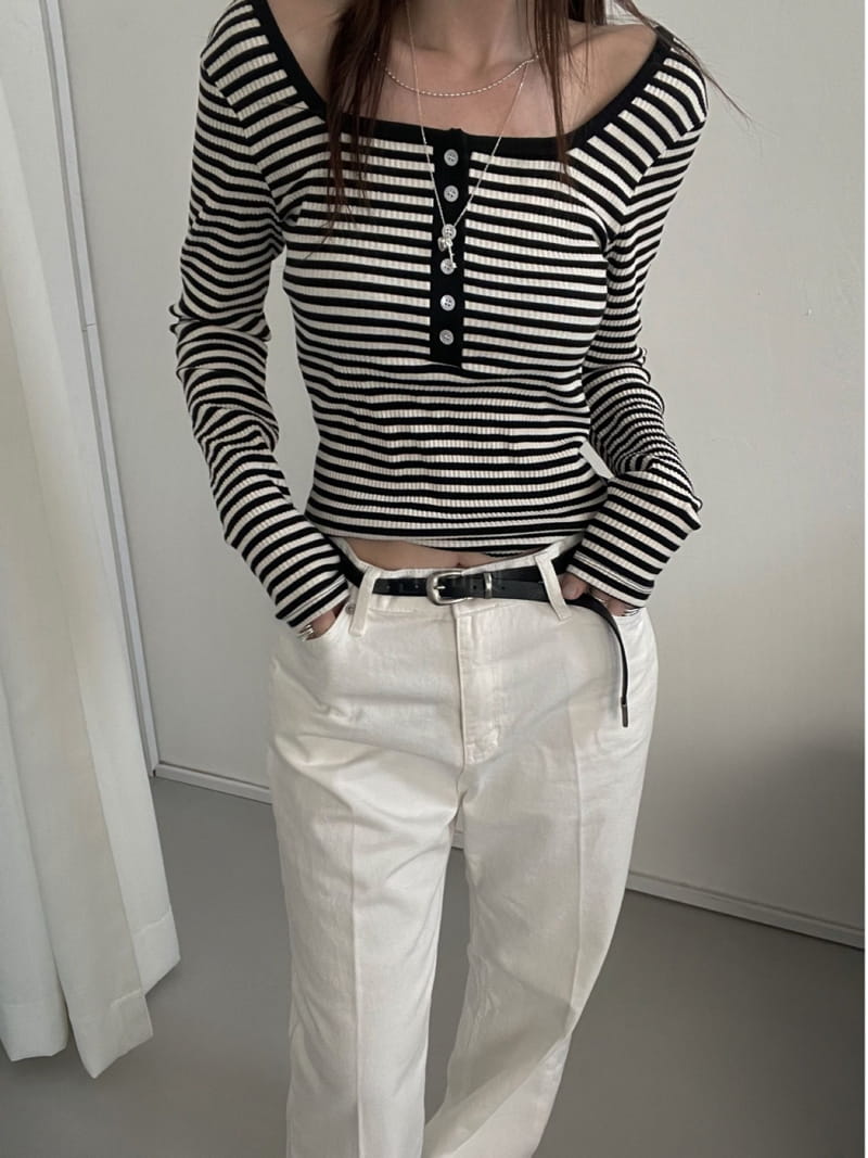 Flower - Korean Women Fashion - #womensfashion - Button Stripes Tee - 3