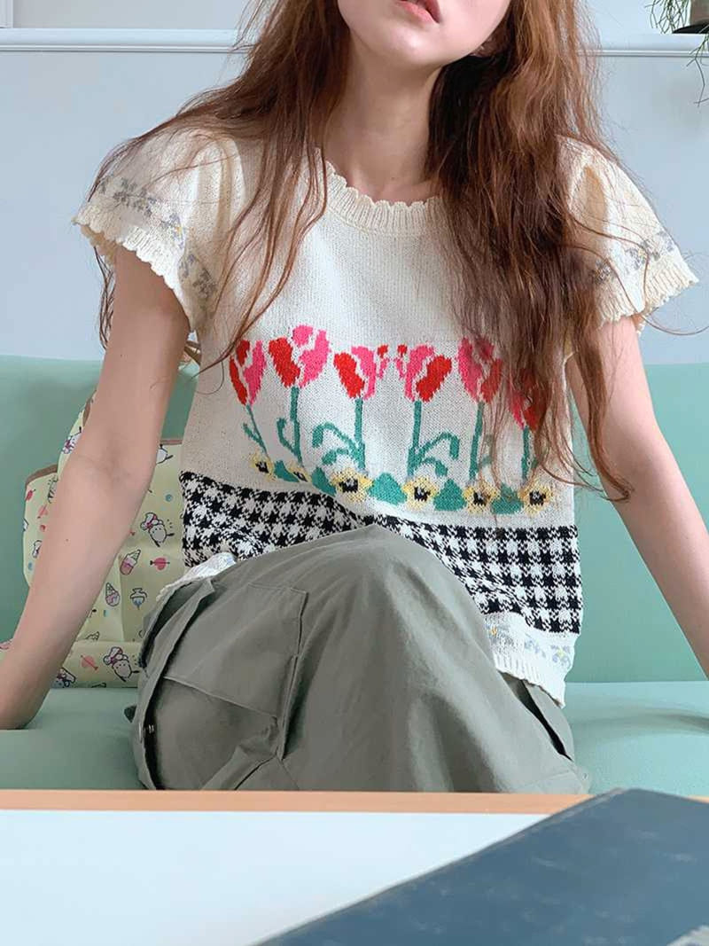 Jkichi - Korean Women Fashion - #momslook - Flower Knit Tee - 11