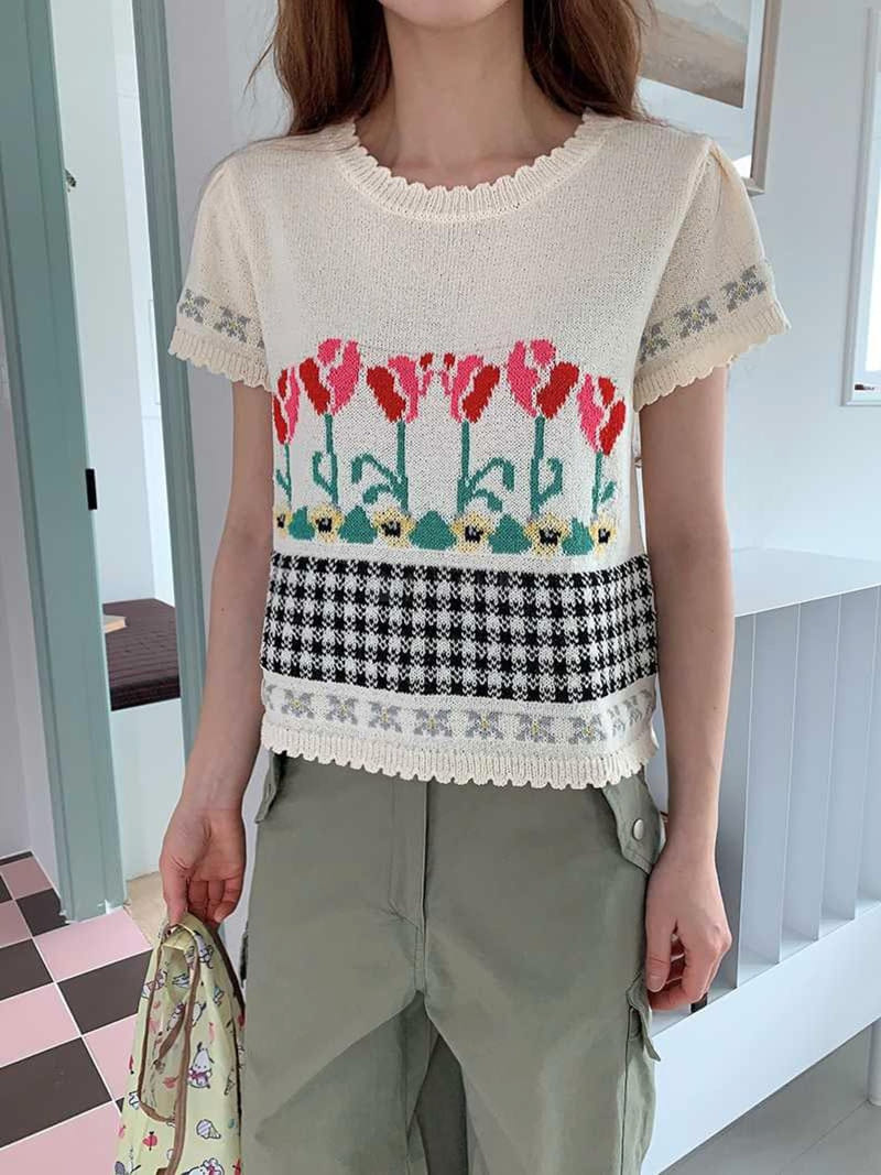 Jkichi - Korean Women Fashion - #momslook - Flower Knit Tee - 7