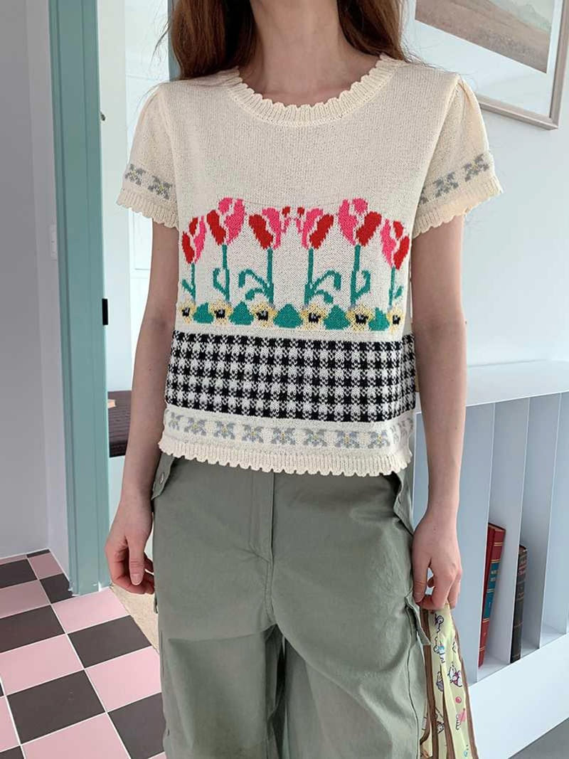 Jkichi - Korean Women Fashion - #momslook - Flower Knit Tee - 9