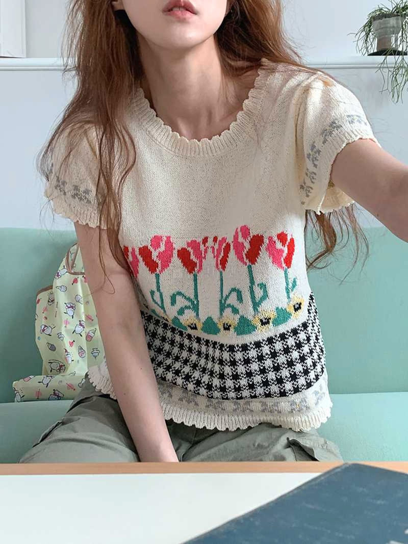 Jkichi - Korean Women Fashion - #womensfashion - Flower Knit Tee - 12