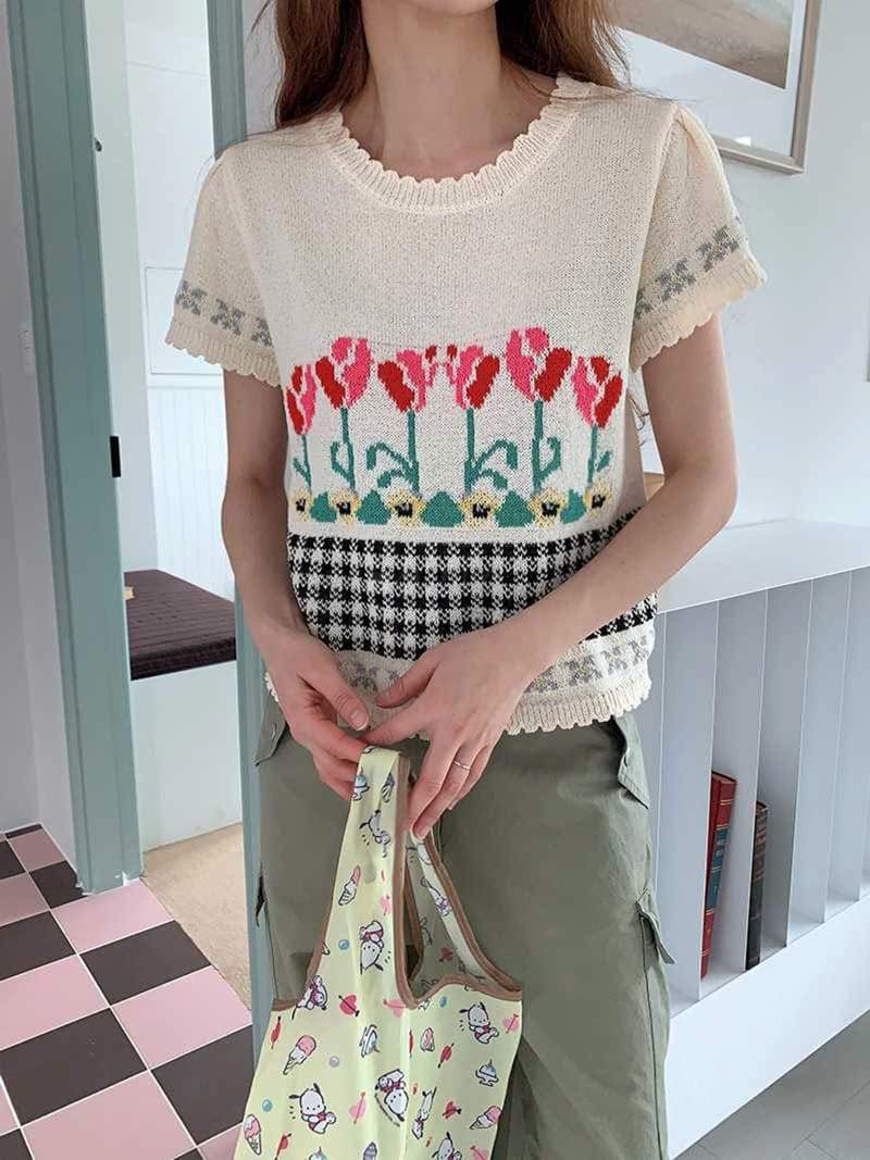 Jkichi - Korean Women Fashion - #womensfashion - Flower Knit Tee - 8