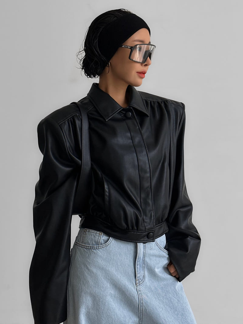 Paper Moon - Korean Women Fashion - #momslook - hidden button shirred detail vegan leather blouson - 8