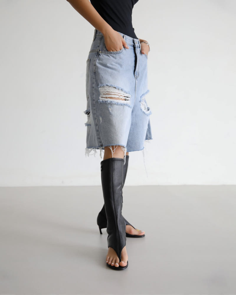 Paper Moon - Korean Women Fashion - #momslook - destroyed bermuda denim jeans