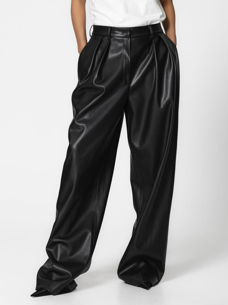 Paper Moon - Korean Women Fashion - #momslook - leather low waisted double pleats wide trousers - 10