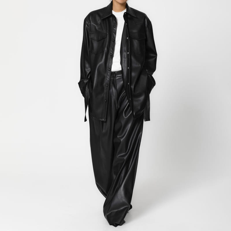 Paper Moon - Korean Women Fashion - #momslook - leather low waisted double pleats wide trousers - 12